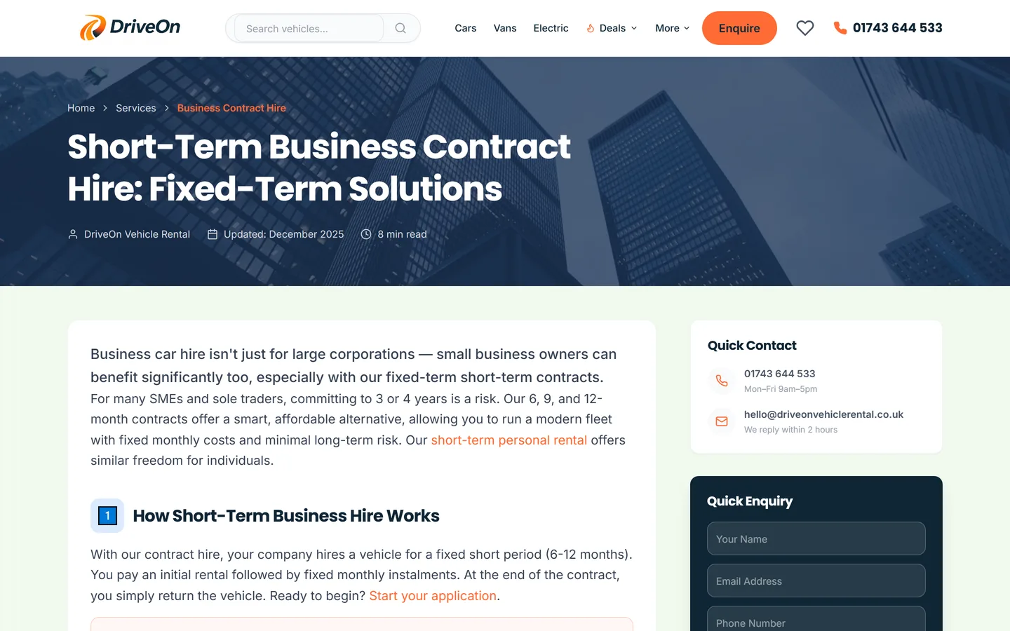 The business leasing page, written for company and fleet customers
