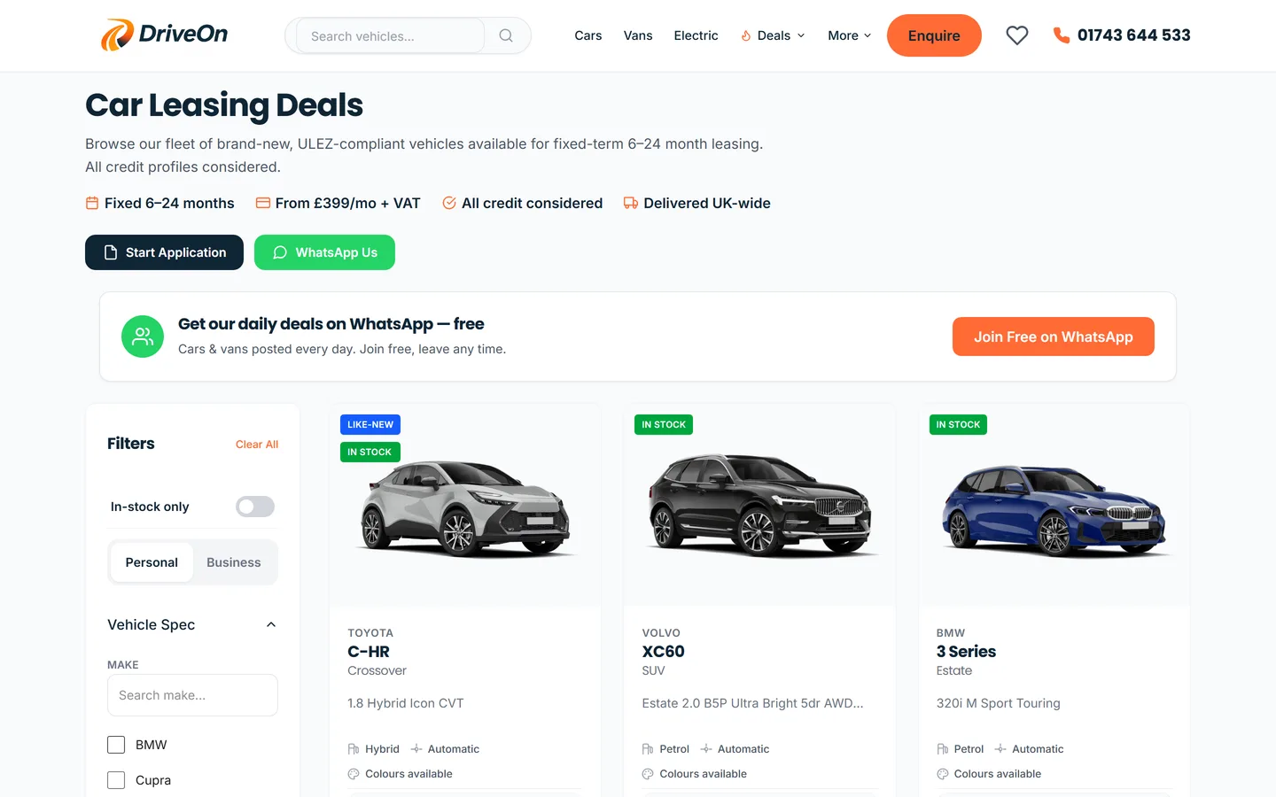 The DriveOn fleet page with in-stock filters, personal and business toggle, and live vehicle cards