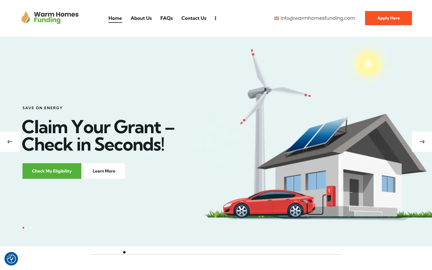The Warm Homes Funding homepage, aimed at homeowners checking grant eligibility