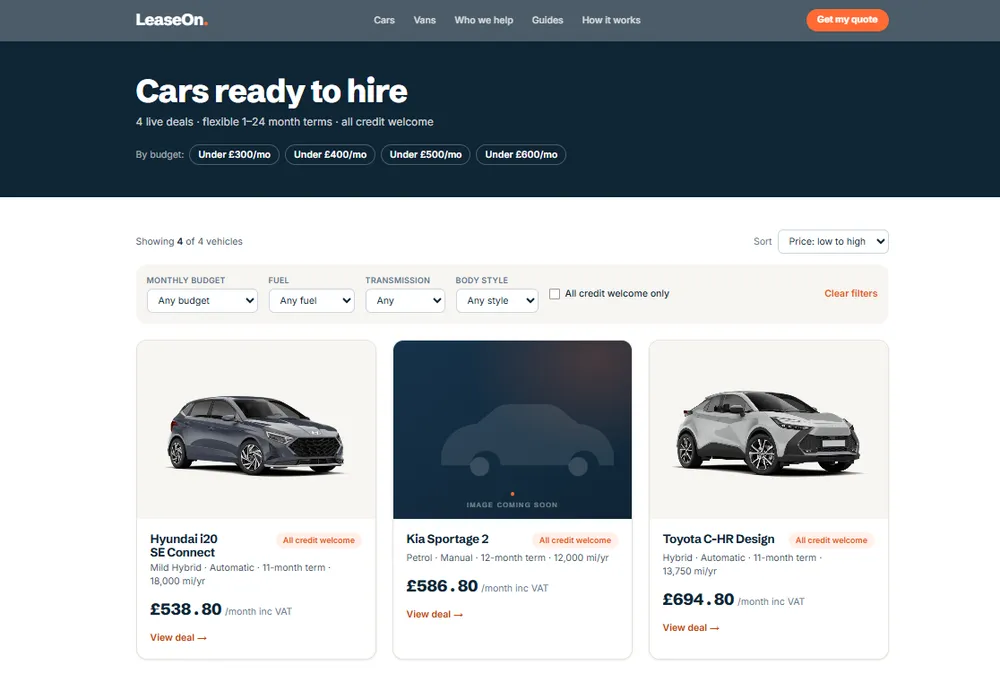 Fast Track Leasing vehicle catalogue with filters