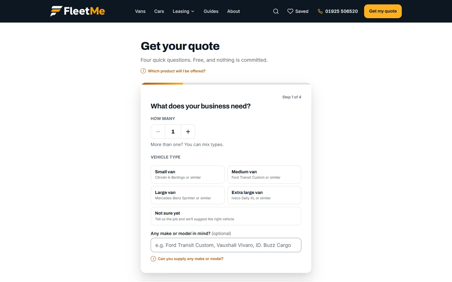 The multi-step FleetMe enquiry form with conditional steps and a progress indicator