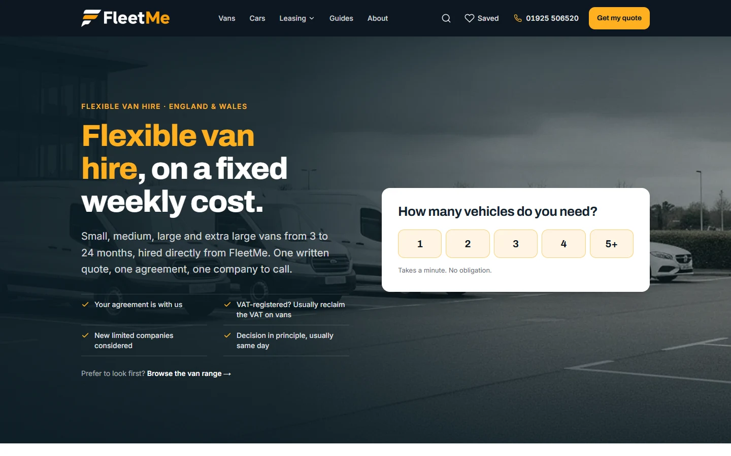The FleetMe homepage, opening with a one-tap question about how many vehicles the visitor needs