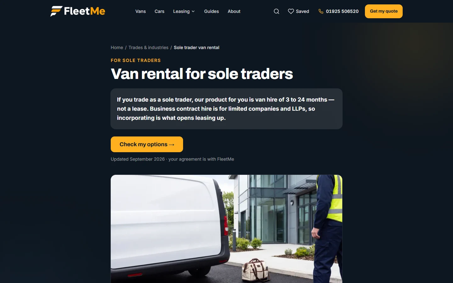 The sole trader page, headed van rental for sole traders, with the word leasing kept in the address bar on purpose