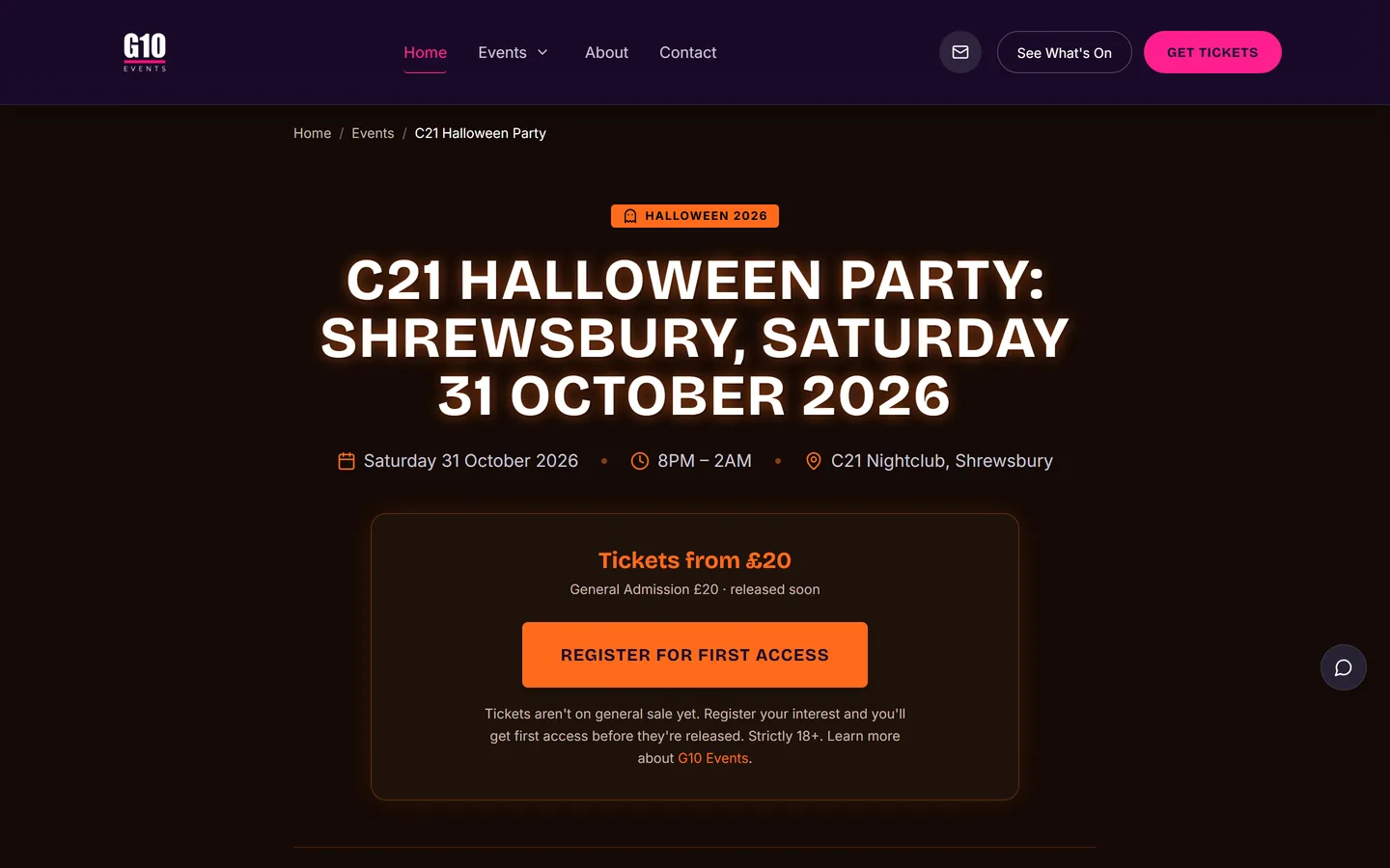 An event page with tiered pricing and a register-for-first-access flow before tickets go on sale