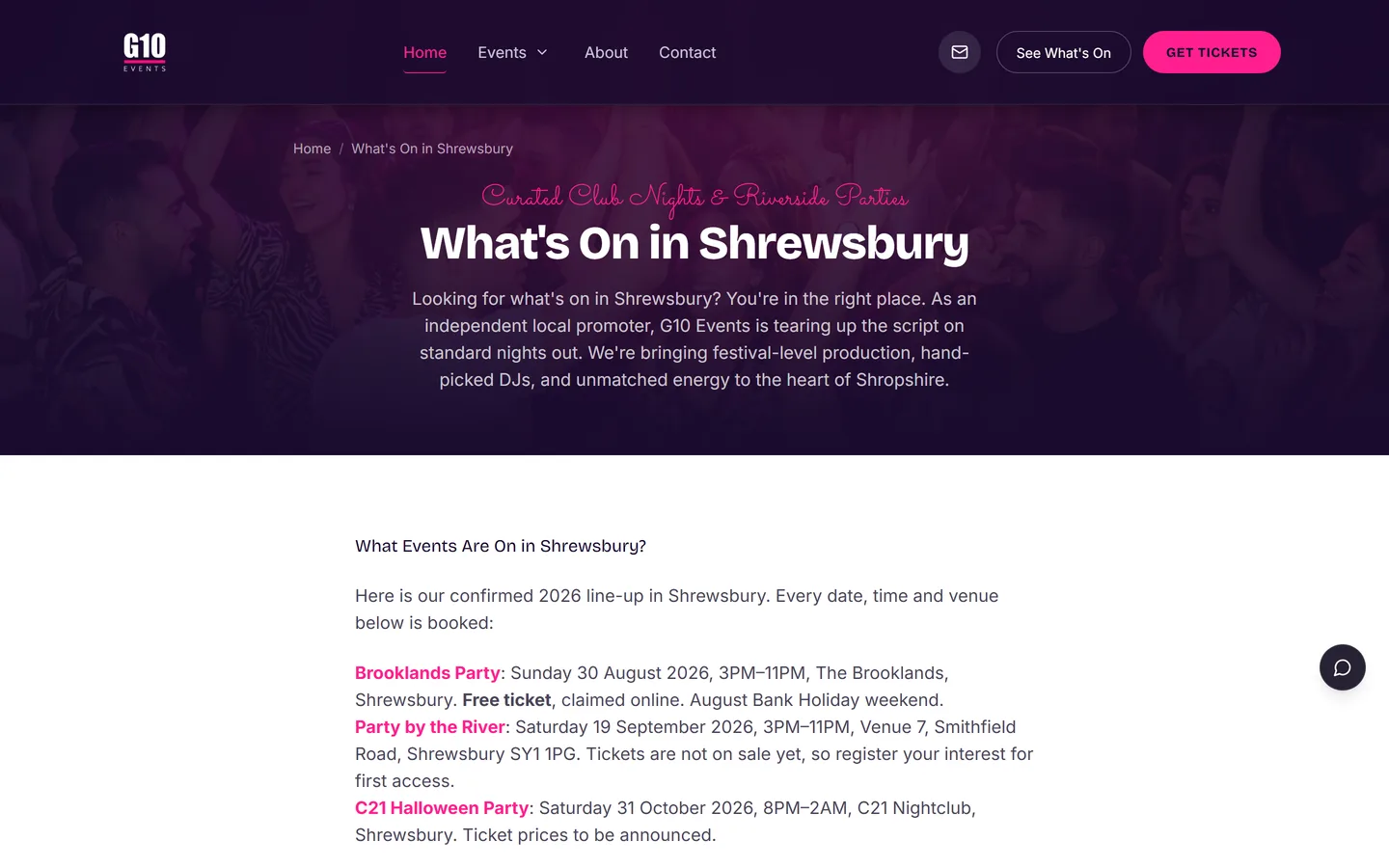 The G10 Events listing page showing upcoming nights