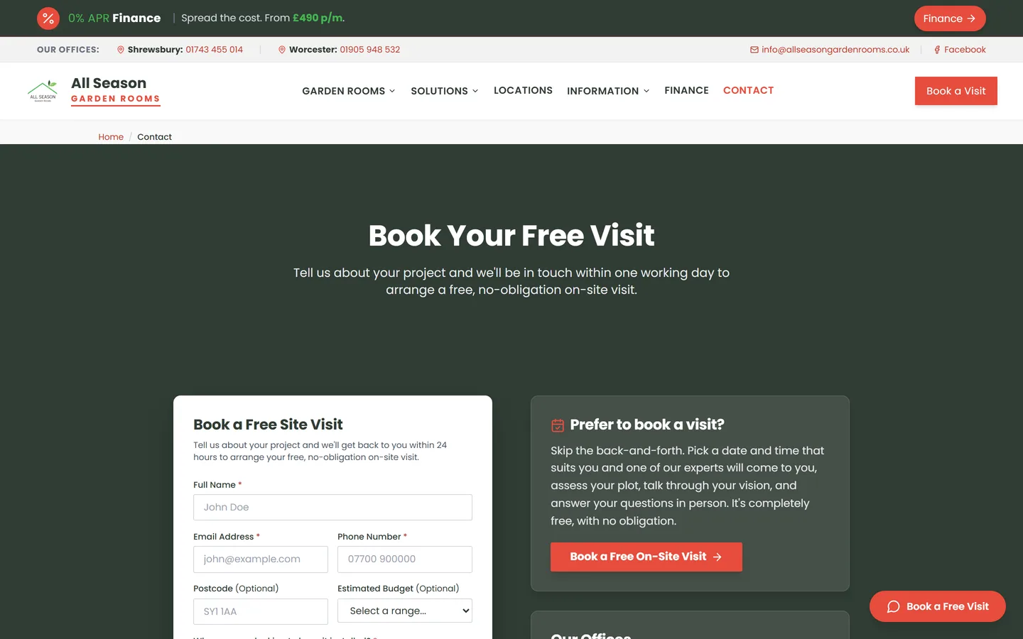The contact page, offering a booked visit or a general enquiry