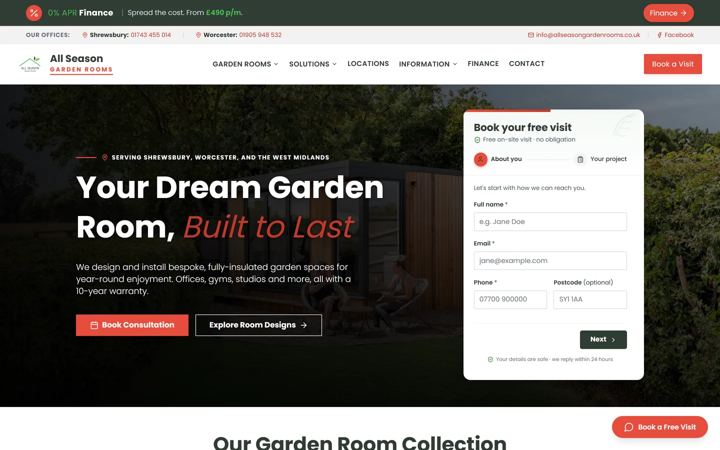 The All Season Garden Rooms homepage, led by full-width photography of a real build
