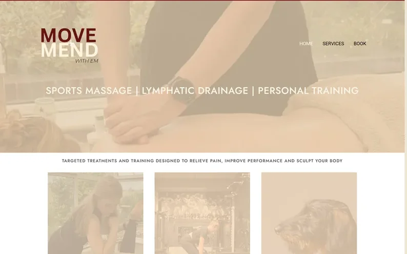 The old Move & Mend WordPress homepage: a washed-out sepia hero with low-contrast text and stock photos