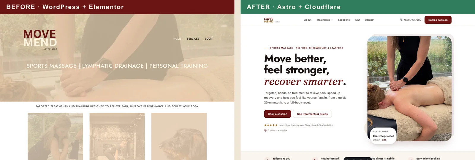 Move & Mend With Em homepage, before and after: a washed-out WordPress hero versus a clean, type-led Astro hero
