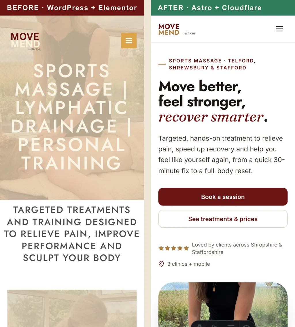 The Move & Mend With Em homepage on mobile, before and after