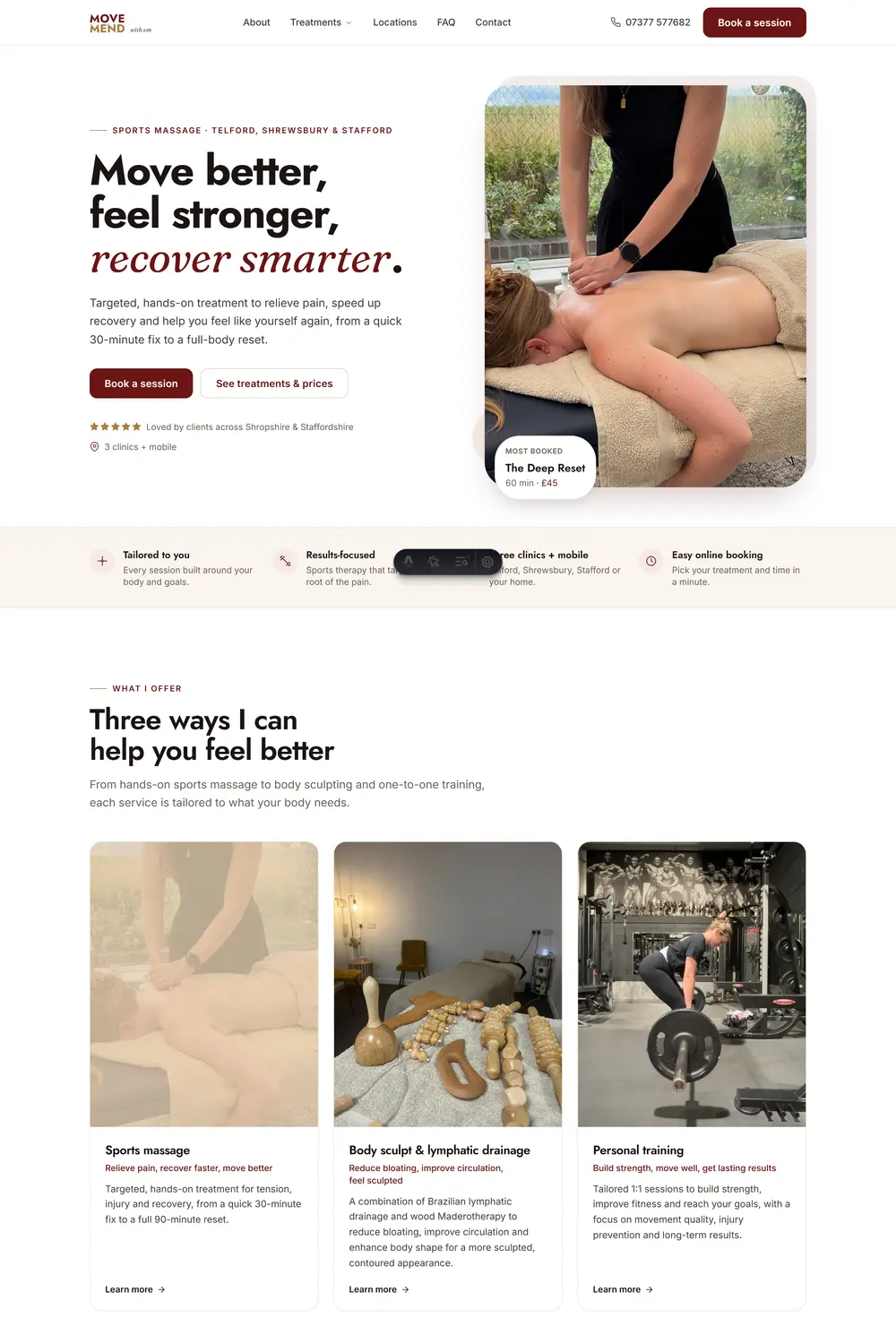 New Move & Mend With Em homepage, type-led with a real treatment photo