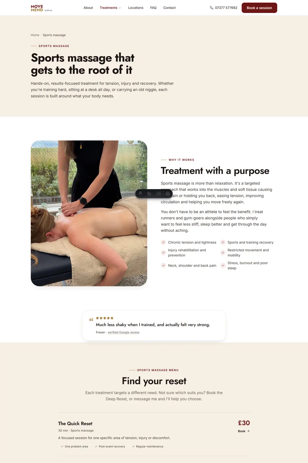 Sports massage service page with the editorial Find your reset menu