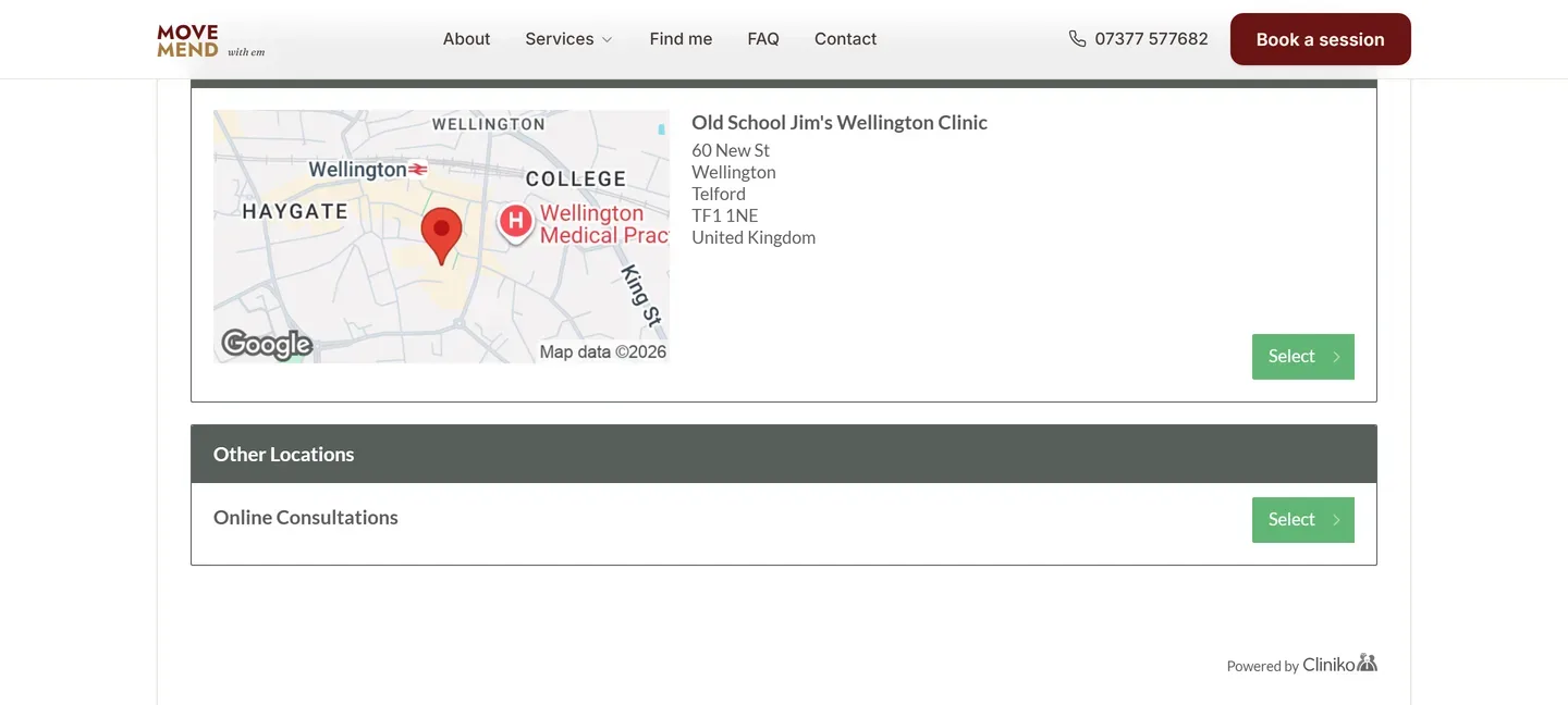 The live booking page: clients choose a location and time in an embedded Cliniko diary