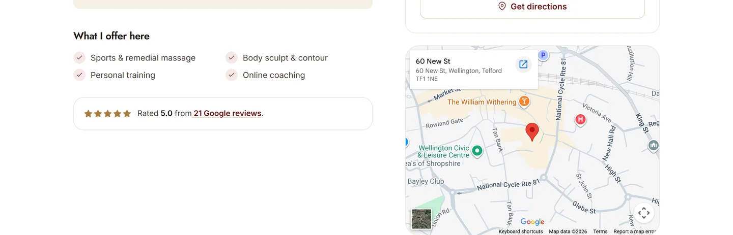 The clinic page showing the Wellington, Telford address and an embedded map