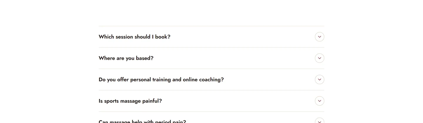 The FAQ page answering real client questions in an expandable list