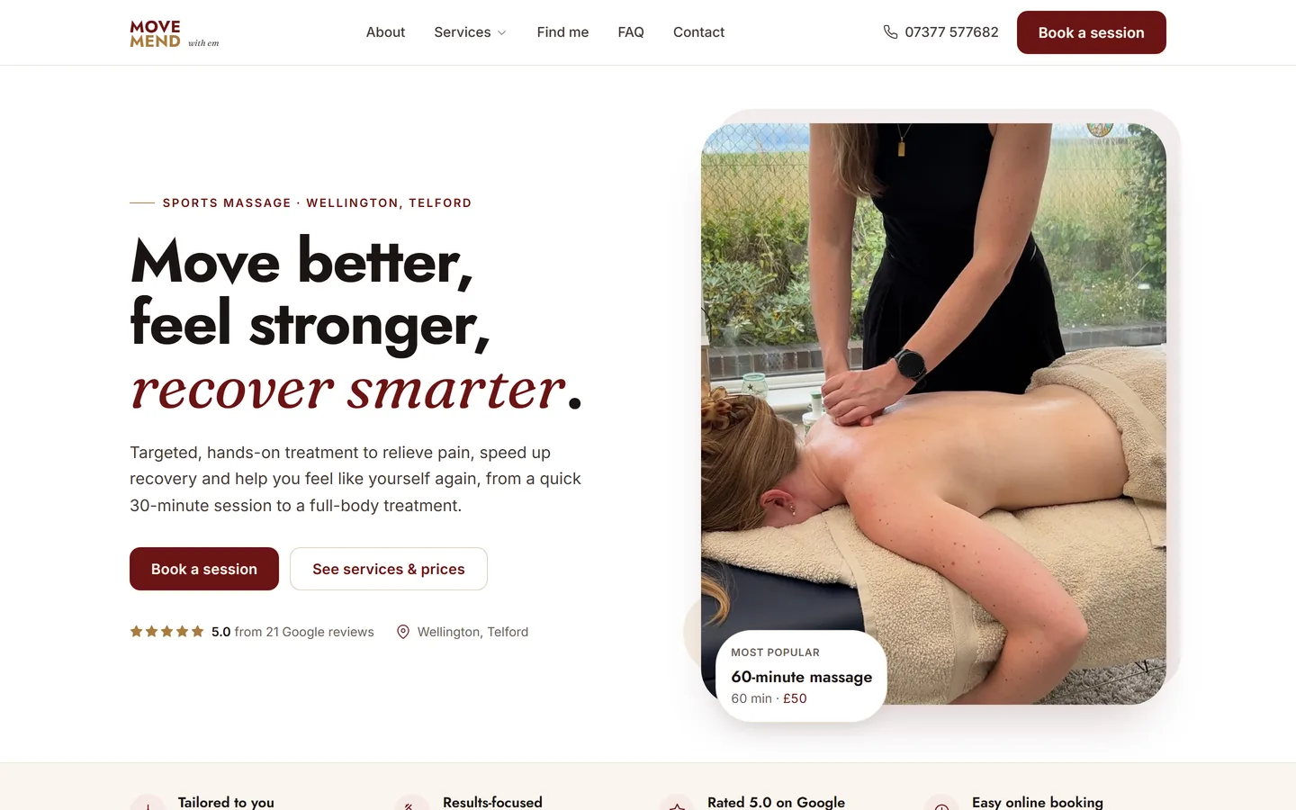The new Move & Mend With Em homepage: a clean, type-led hero with a book button, 5.0 Google rating and a real treatment photo