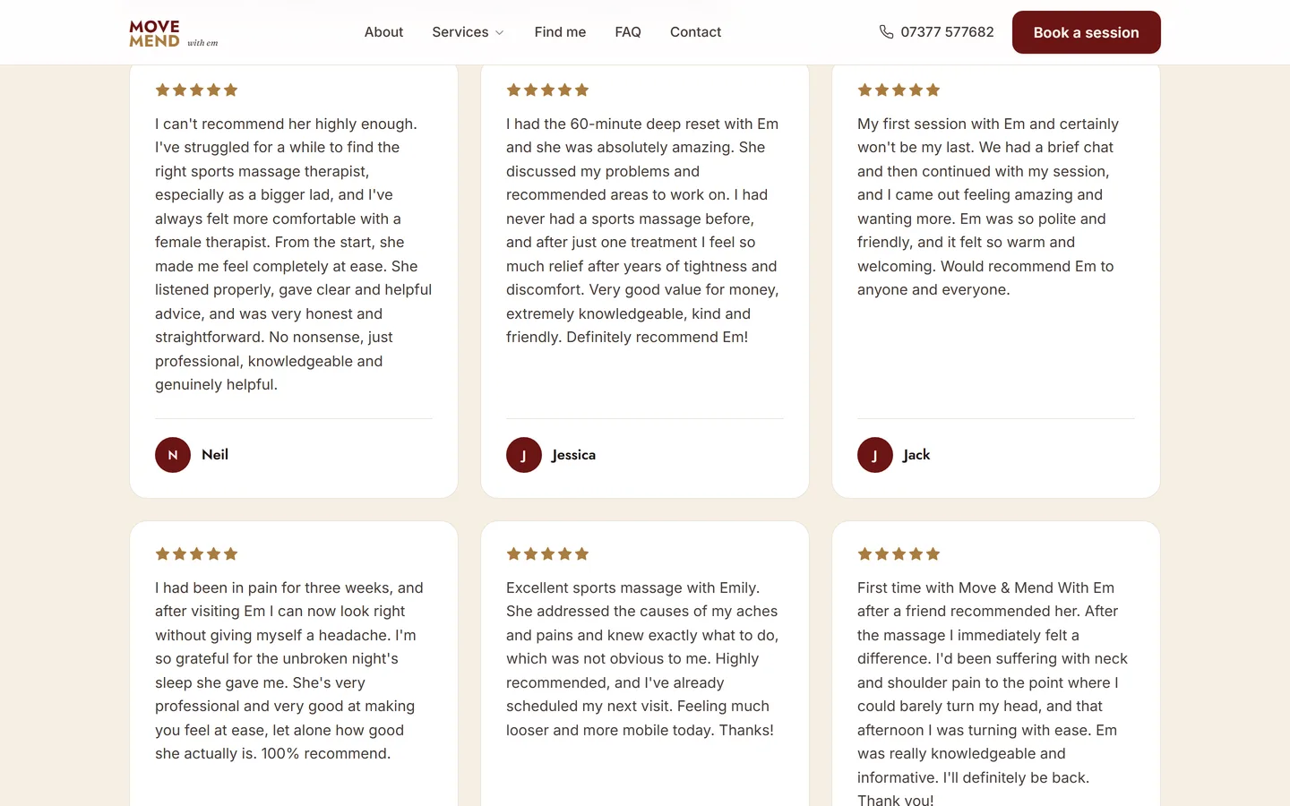 Real five-star client reviews displayed across the homepage