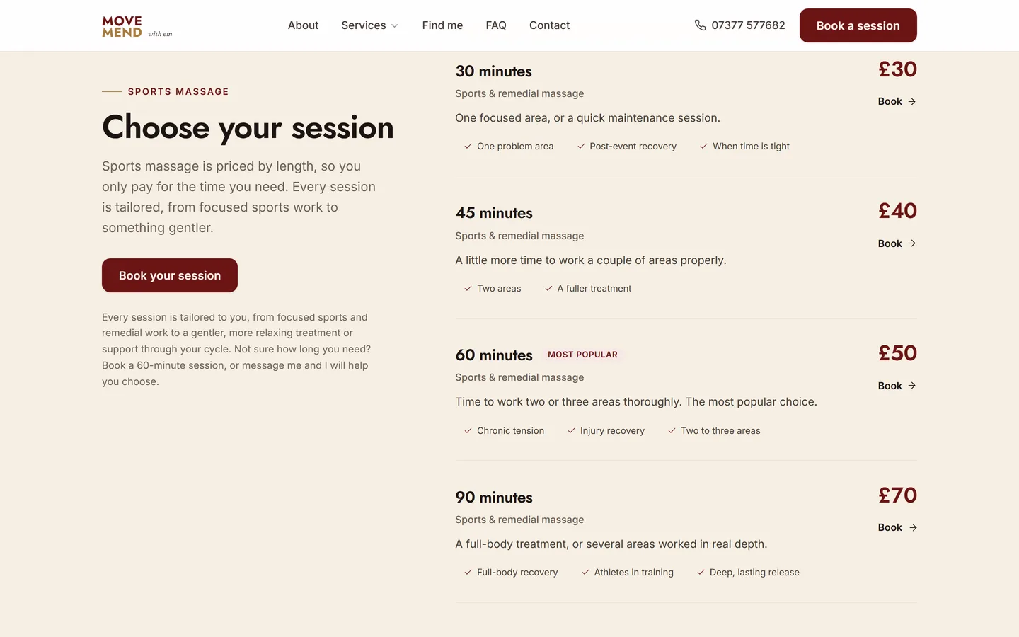 The Choose your session price menu: 30, 45, 60 and 90 minute options with prices and what each suits