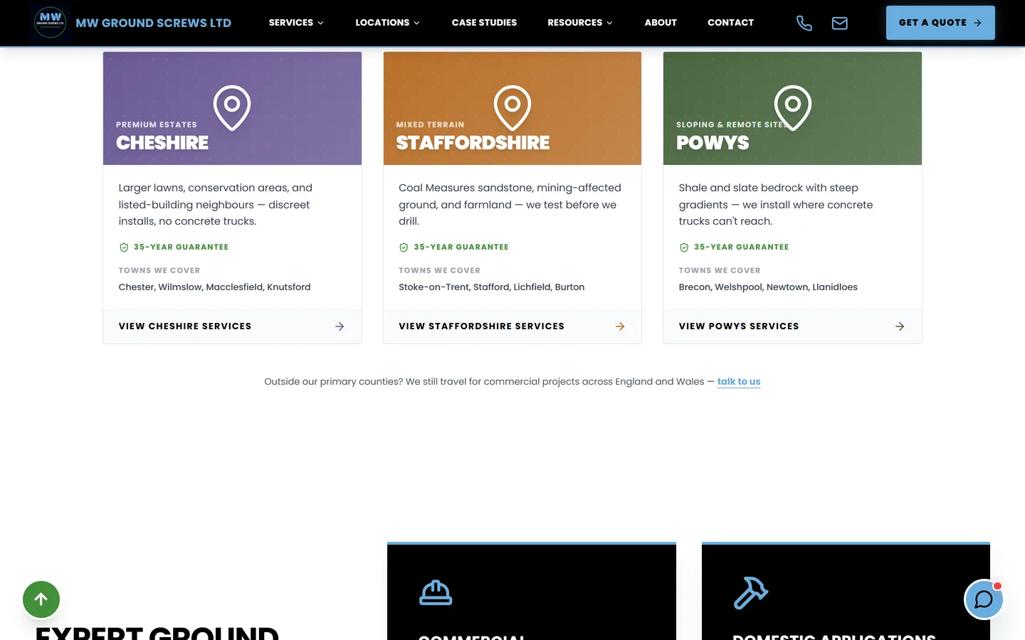 Service and project detail further down the MW Ground Screws homepage
