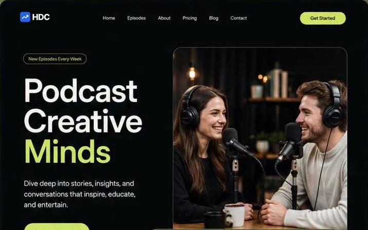 Podcast website design concept in near-black with cream and lime accents, showing two hosts at studio microphones beside an episode player bar with a waveform and running time
