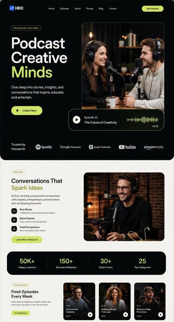Podcast website design concept in near-black with cream and lime accents, showing two hosts at studio microphones beside an episode player bar with a waveform and running time