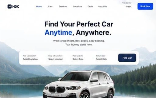 Car hire website design in white and royal blue, with a pick-up and drop-off search bar over a lake and mountain hero and an SUV in the foreground