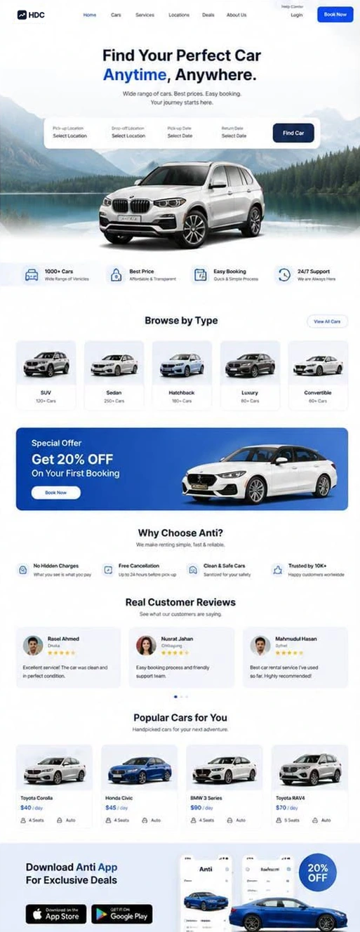 Car hire website design in white and royal blue, with a pick-up and drop-off search bar over a lake and mountain hero and an SUV in the foreground