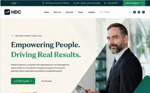 Business consulting website design concept in forest green and beige, showing a headline about empowering people and driving results beside a photograph of a consultant in a bright plant-filled office