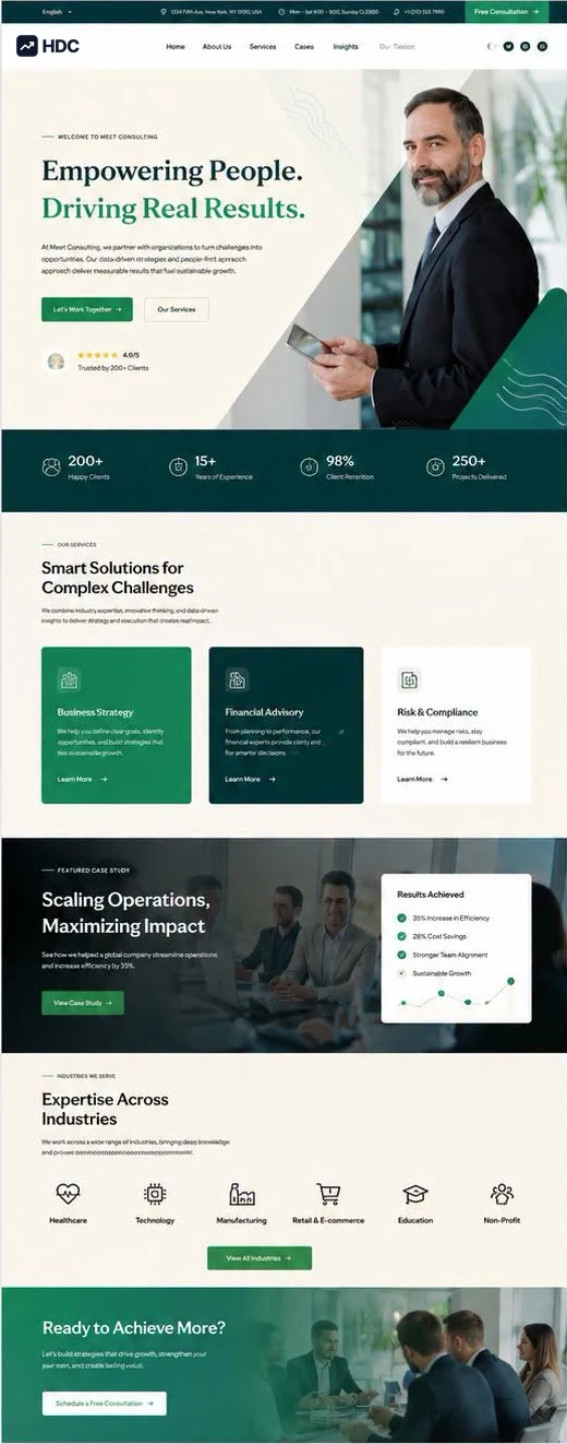 Business consulting website design concept in forest green and beige, showing a headline about empowering people and driving results beside a photograph of a consultant in a bright plant-filled office
