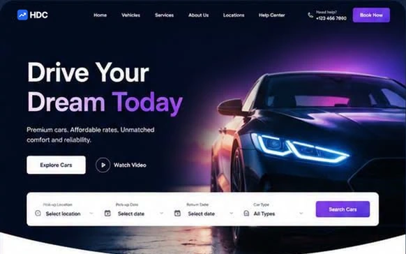 Vehicle rental website design in violet and near-black, with a neon-lit sports car hero, a date search panel and browse-by-category tiles