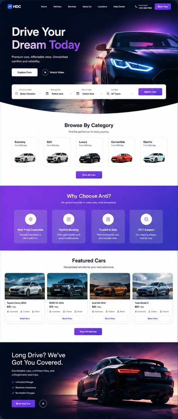 Vehicle rental website design in violet and near-black, with a neon-lit sports car hero, a date search panel and browse-by-category tiles