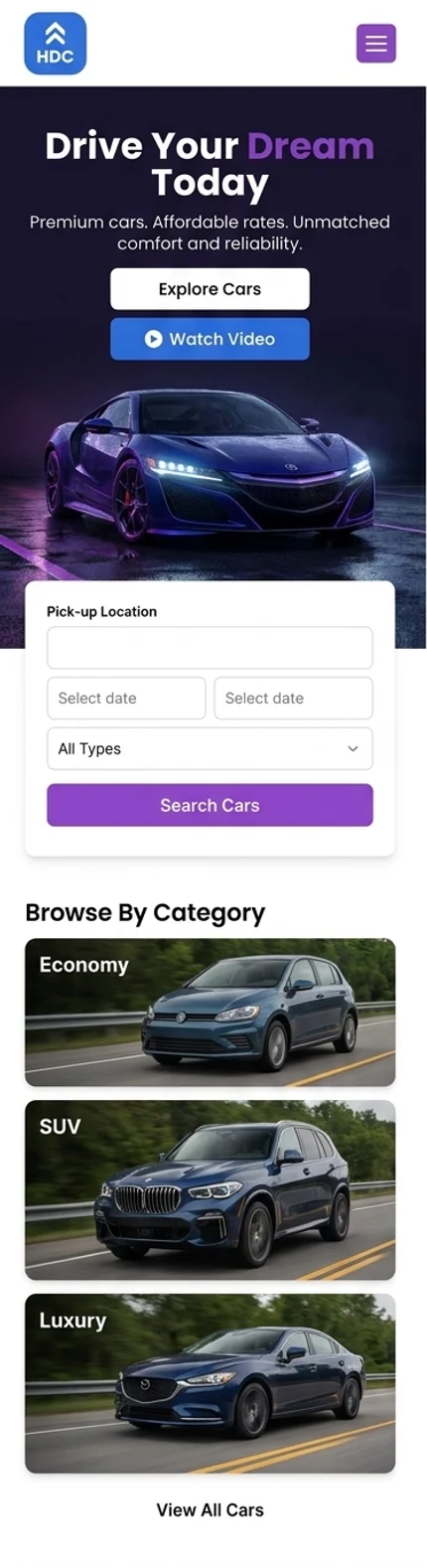 Vehicle rental website design in violet and near-black, with a neon-lit sports car hero, a date search panel and browse-by-category tiles — shown as a mobile layout