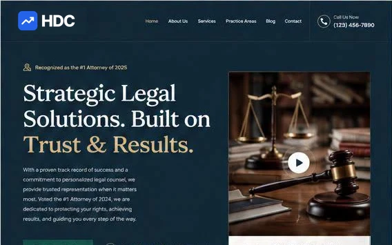Law firm website design concept in deep navy with cream and gold, showing a serif headline about strategic legal solutions, an attorney recognition badge and a photograph of scales of justice on a desk