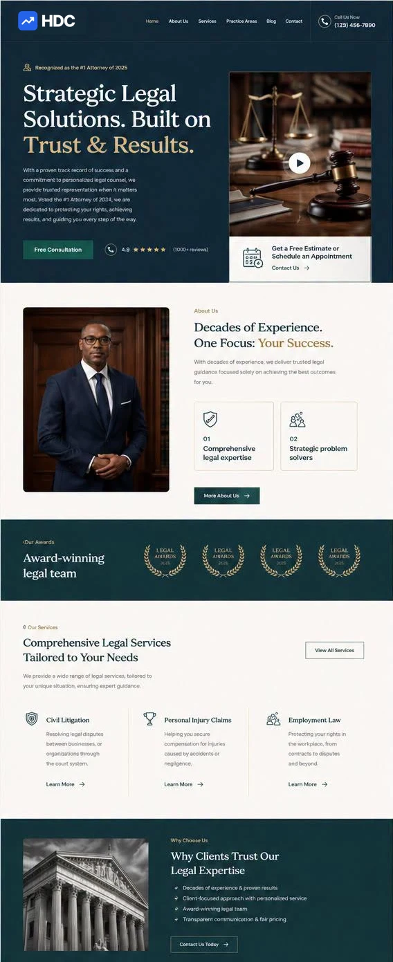 Law firm website design concept in deep navy with cream and gold, showing a serif headline about strategic legal solutions, an attorney recognition badge and a photograph of scales of justice on a desk