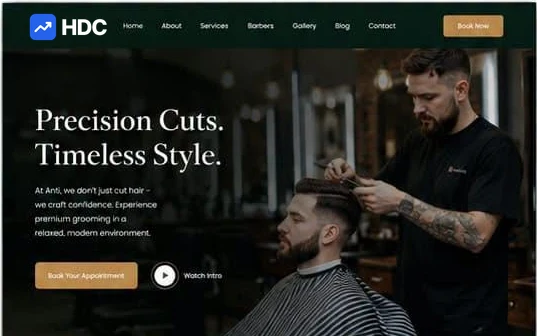 Barbershop website design concept in deep forest green and near-black with brass accents, showing a warmly lit photograph of a barber cutting a client hair above a gold book your appointment button