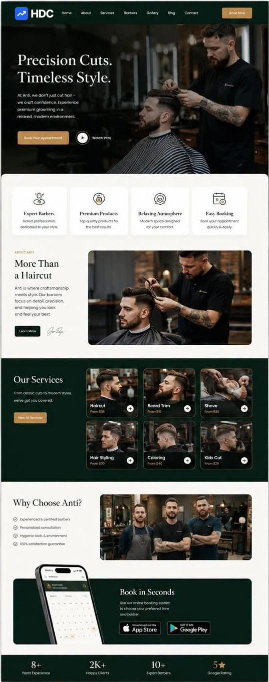 Barbershop website design concept in deep forest green and near-black with brass accents, showing a warmly lit photograph of a barber cutting a client hair above a gold book your appointment button