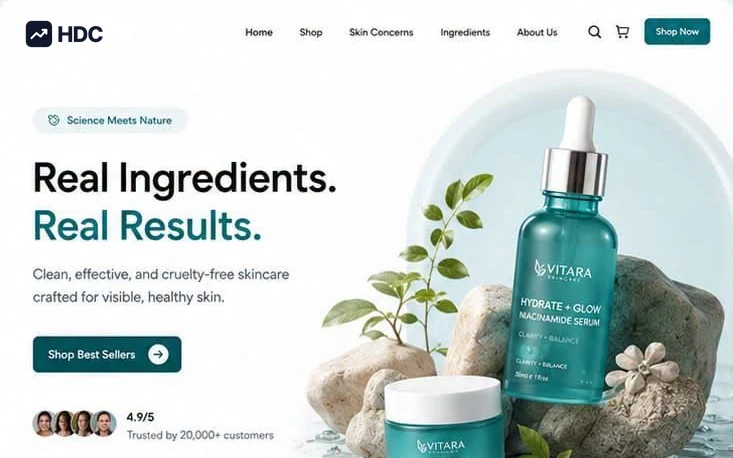 Skincare website design concept in white and pale ice blue with teal and green, showing a serum dropper bottle arranged on pale stones with foliage beneath a headline about real ingredients and real results