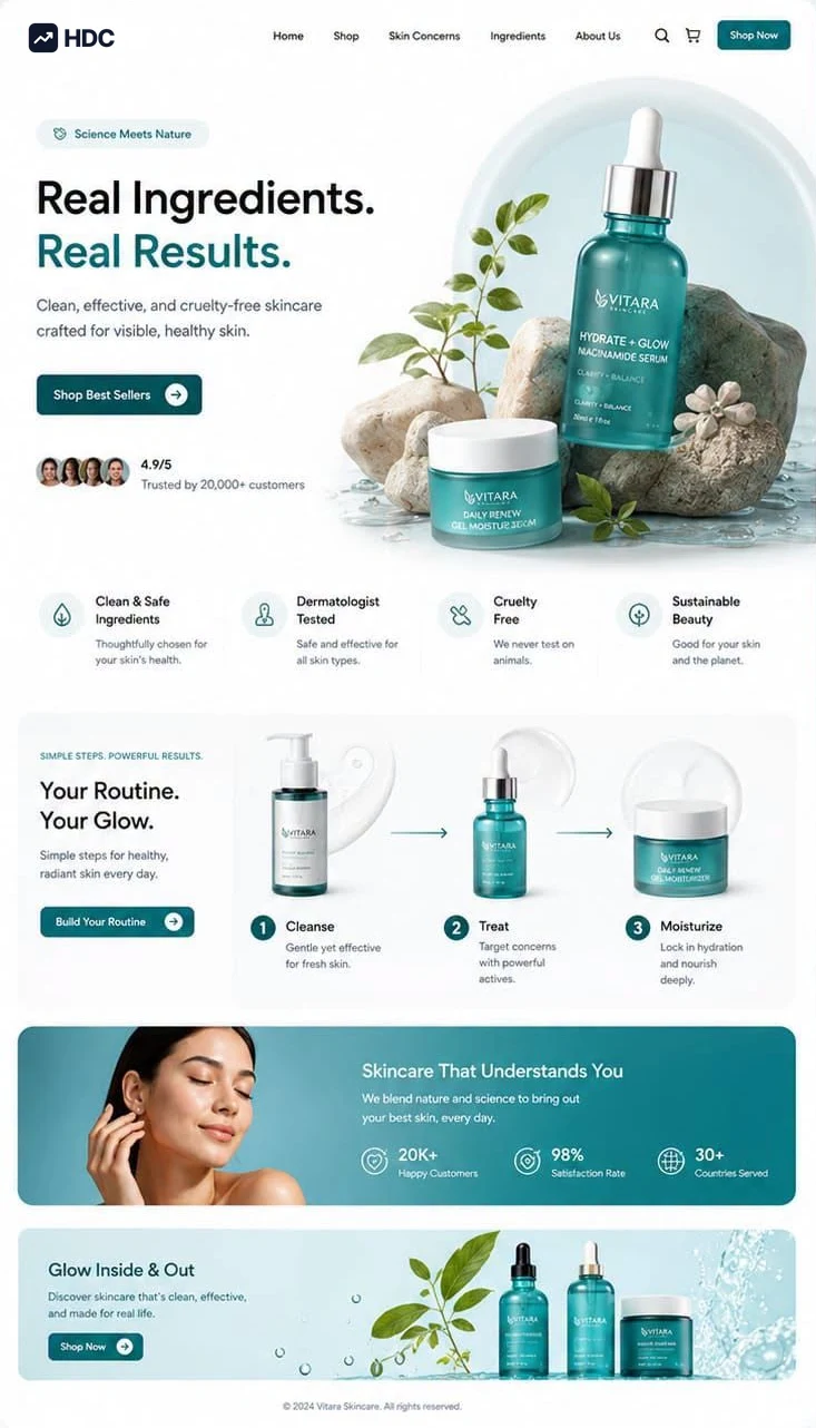 Skincare website design concept in white and pale ice blue with teal and green, showing a serum dropper bottle arranged on pale stones with foliage beneath a headline about real ingredients and real results