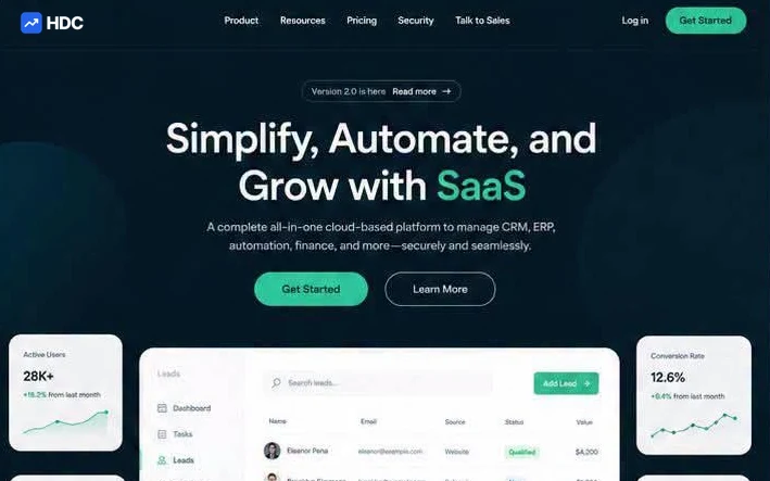 SaaS website design concept in near-black navy with a mint green accent, showing a headline about simplifying and automating above a product screenshot of a CRM contact table and revenue metric cards