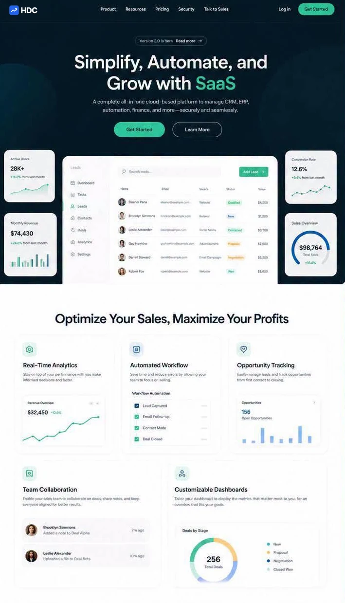 SaaS website design concept in near-black navy with a mint green accent, showing a headline about simplifying and automating above a product screenshot of a CRM contact table and revenue metric cards