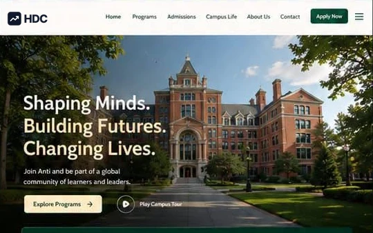 University website design concept in white and deep forest green with pale gold, showing a red-brick university building framed by trees beneath a headline about shaping minds and building futures