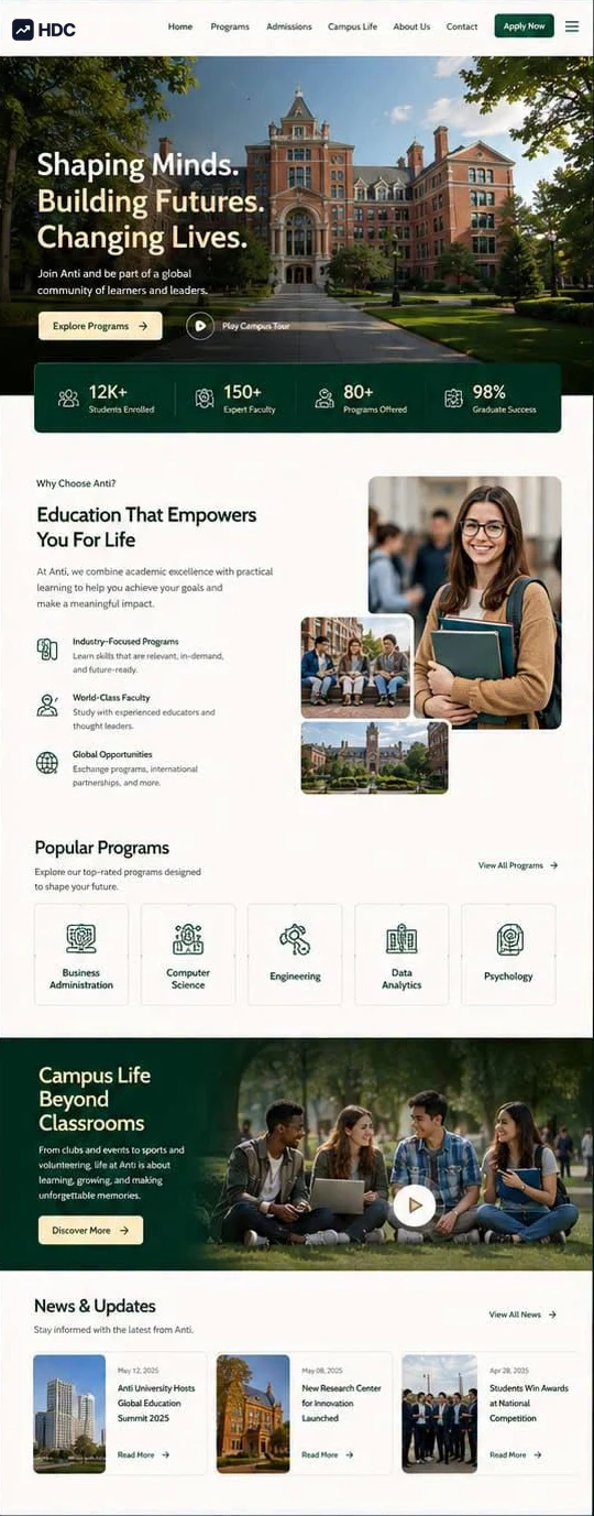 University website design concept in white and deep forest green with pale gold, showing a red-brick university building framed by trees beneath a headline about shaping minds and building futures