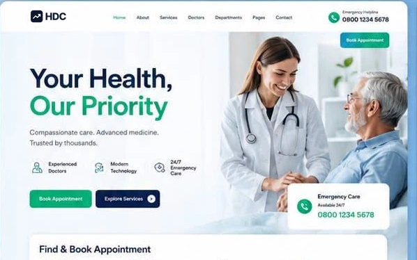 Healthcare website design in soft blue and white with a green accent, showing a white rounded navigation bar, a smiling clinician with a patient and an appointment booking button