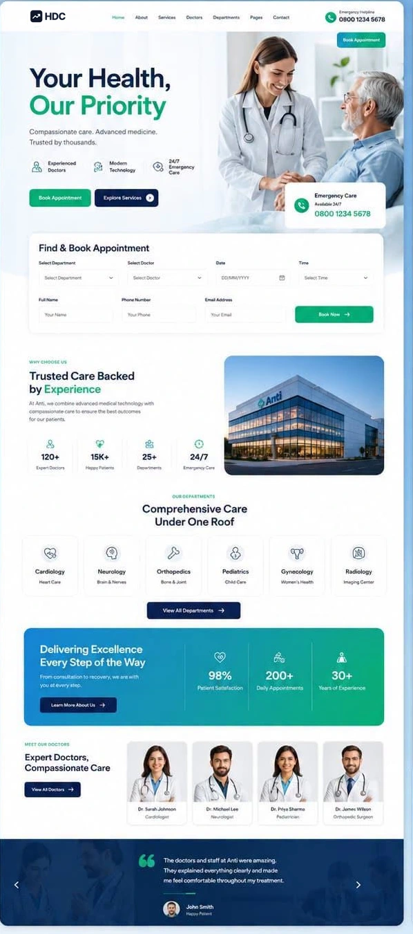 Healthcare website design in soft blue and white with a green accent, showing a white rounded navigation bar, a smiling clinician with a patient and an appointment booking button