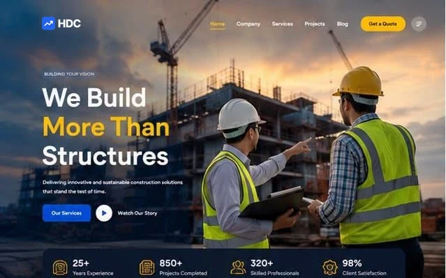 Construction website design concept in cobalt blue and hi-vis yellow, showing two workers in hi-vis on site with tower cranes at sunset beneath a we build more than structures headline