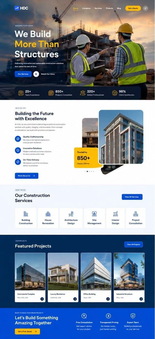 Construction website design concept in cobalt blue and hi-vis yellow, showing two workers in hi-vis on site with tower cranes at sunset beneath a we build more than structures headline