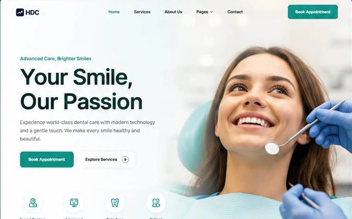 Dental practice website design in teal and off-white, showing a light navigation bar, a smiling patient hero and an appointment booking call to action
