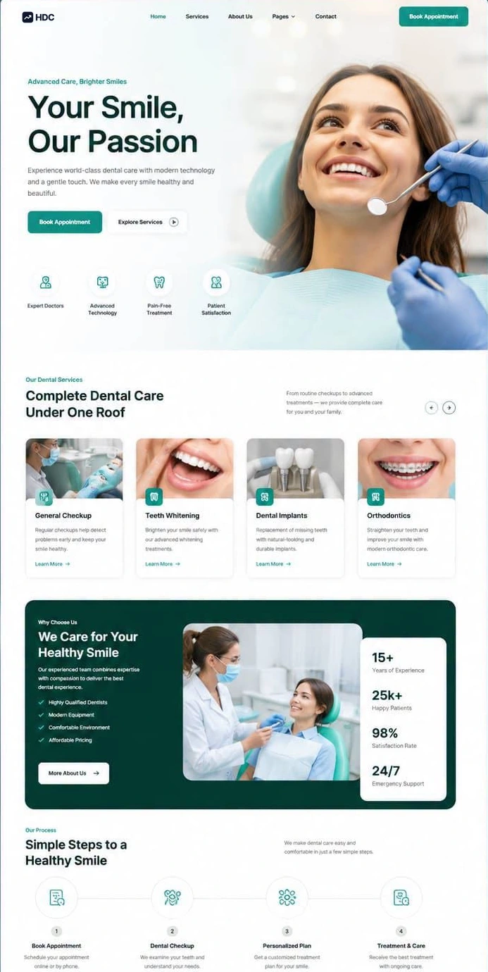 Dental practice website design in teal and off-white, showing a light navigation bar, a smiling patient hero and an appointment booking call to action
