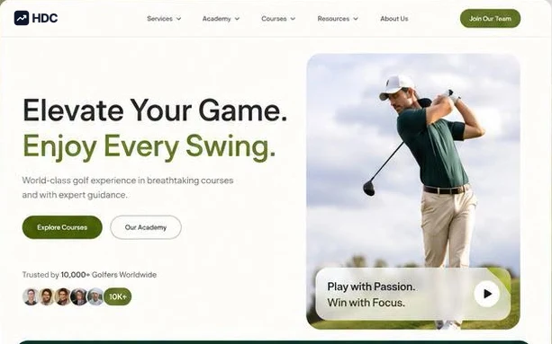 Golf academy website design concept in cream and deep forest green with sand tones, showing an adult golfer mid-swing on a fairway above explore courses and our academy buttons