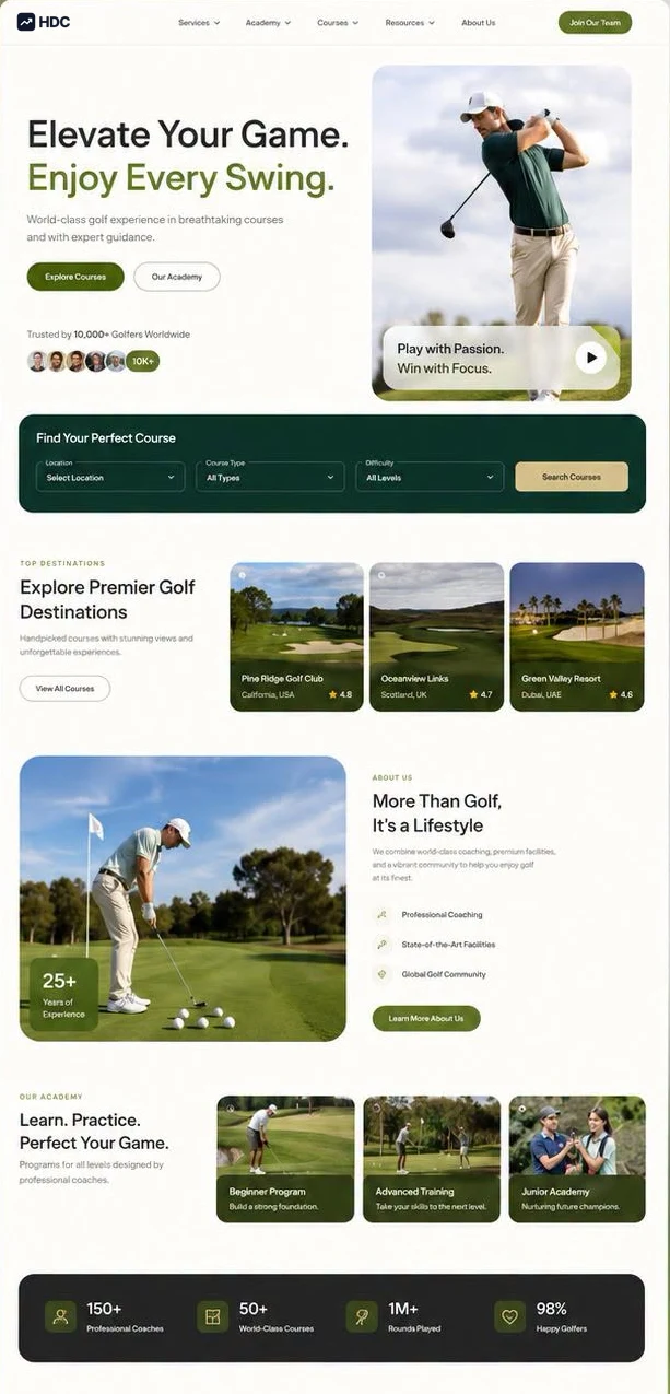 Golf academy website design concept in cream and deep forest green with sand tones, showing an adult golfer mid-swing on a fairway above explore courses and our academy buttons